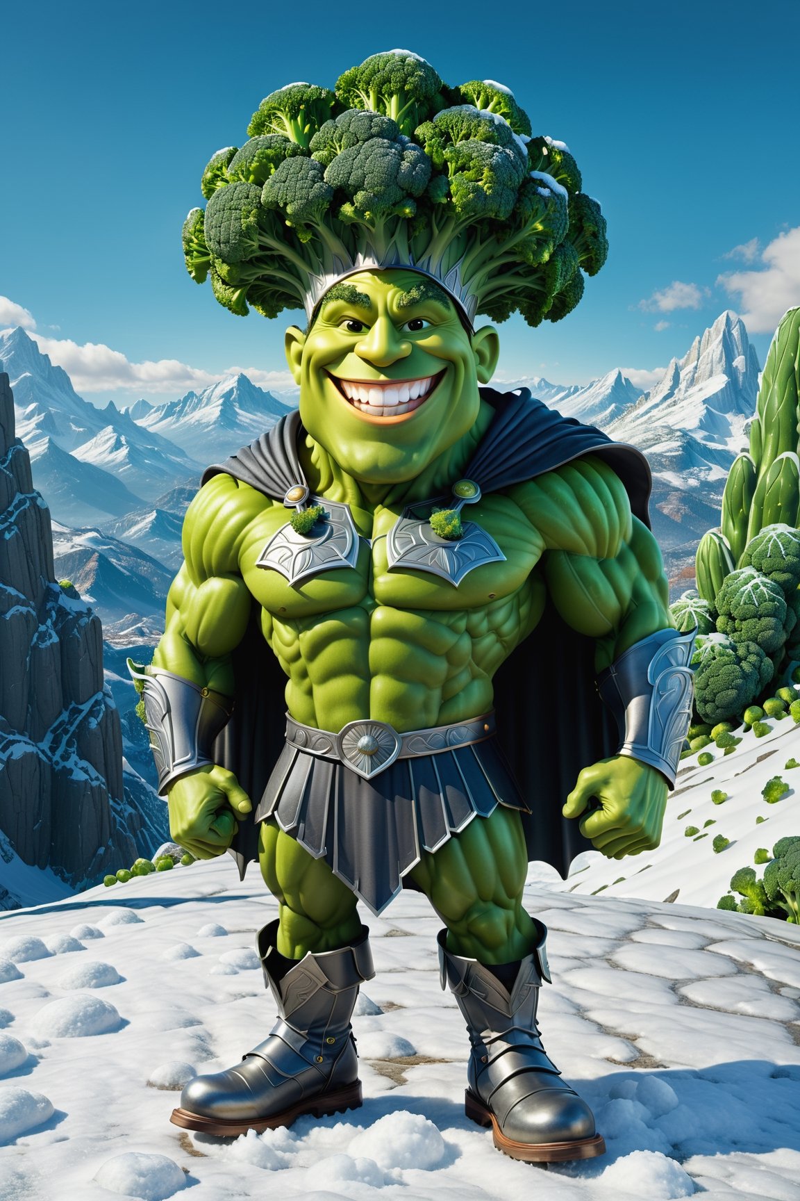 High definition photorealistic render of an incredible and mysterious character of a head mr brocoli vegetable warrior, with muscles and a big smile, with boots and capes, in a mountains snow, with luxurious details in marble and metal and details in parametric architecture and art deco, the vegetable It must be the head of the character full body pose themed brocoli  themed costumes, magical phantasy