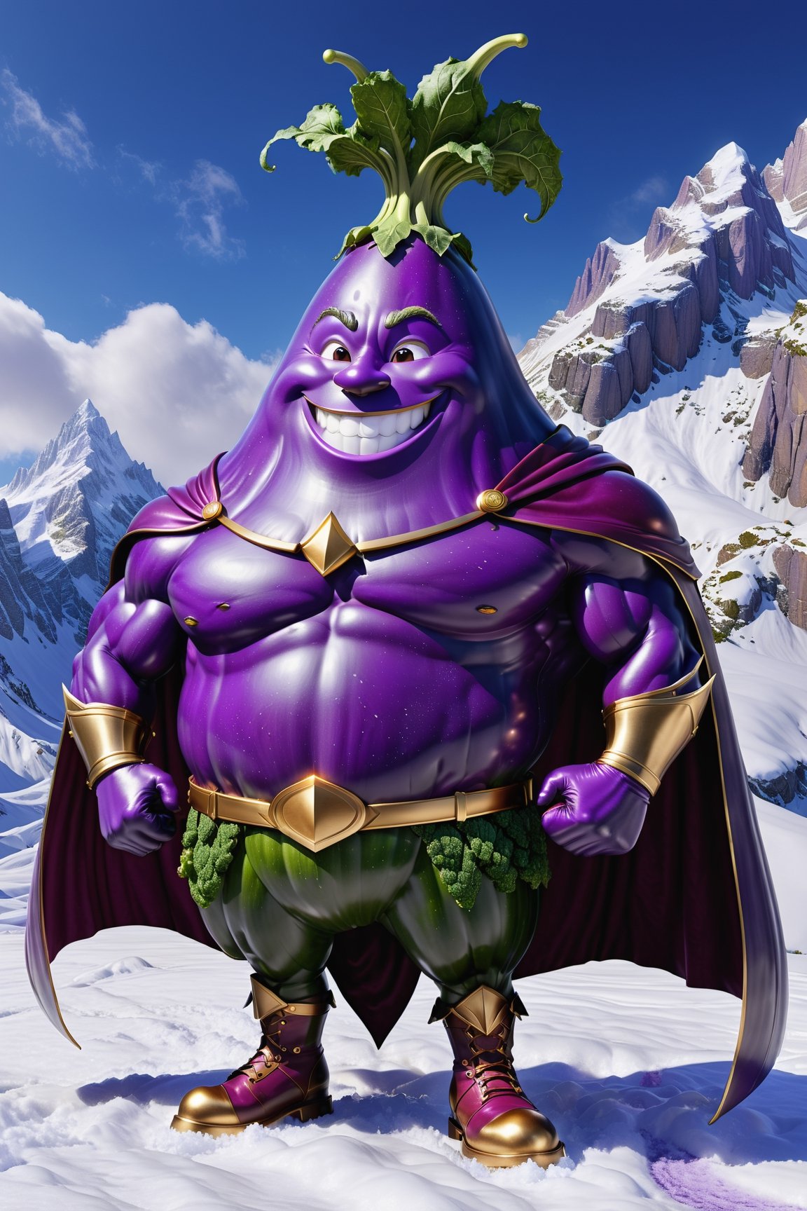 High definition photorealistic render of an incredible and mysterious character of a head mr pulple big eggplant vegetable warrior, with muscles and a big smile, with boots and capes, in a mountains snow, with luxurious details in marble and metal and details in parametric architecture and art deco, the vegetable It must be the head of the character full body pose themed purple eggplant themed costumes, magical phantasy