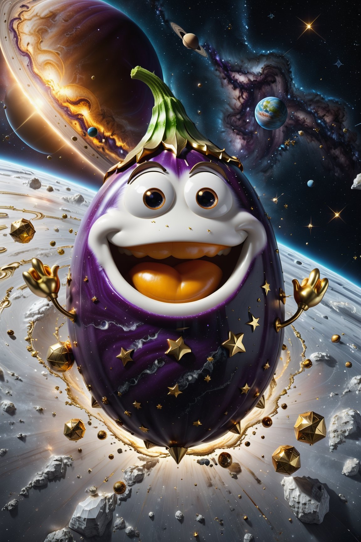 High definition photorealistic render of an incredible and mysterious character eggplant with eyes and smile located in interstellar space with planets, shooting stars, meteorites, cosmic matter and interstellar space with stars, a vegetable that colonized a new place, in white marble with intricate gold details, luxurious details and parametric architectural style in marble and metal, epic pose
​