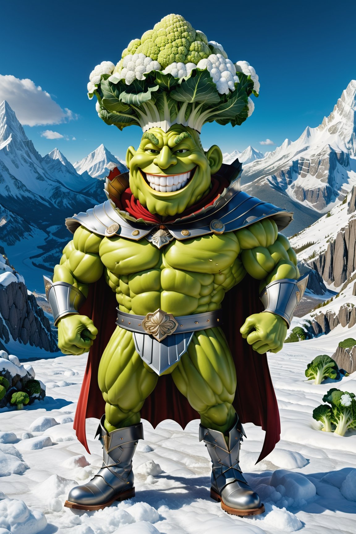 High definition photorealistic render of an incredible and mysterious character of a head mr cauliflower vegetable warrior, with muscles and a big smile, with boots and capes, in a mountains snow, with luxurious details in marble and metal and details in parametric architecture and art deco, the vegetable It must be the head of the character full body pose themed cauliflower themed costumes, magical phantasy