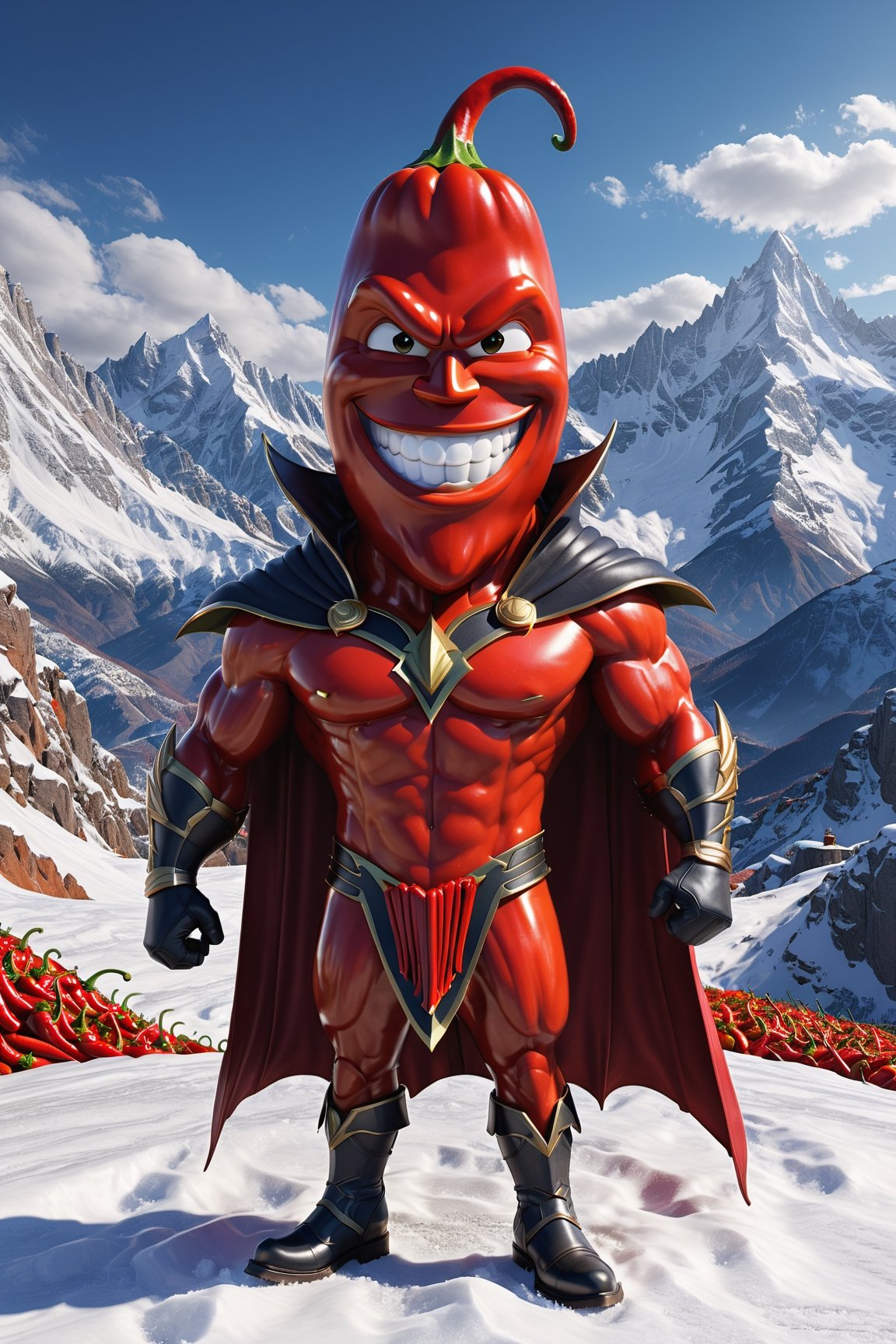 High definition photorealistic render of an incredible and mysterious character of a head mr red chilli vegetable warrior, with muscles and a big smile, with boots and capes, in a mountains snow, with luxurious details in marble and metal and details in parametric architecture and art deco, the vegetable It must be the head of the character full body pose themed red chilli themed costumes, magical phantasy