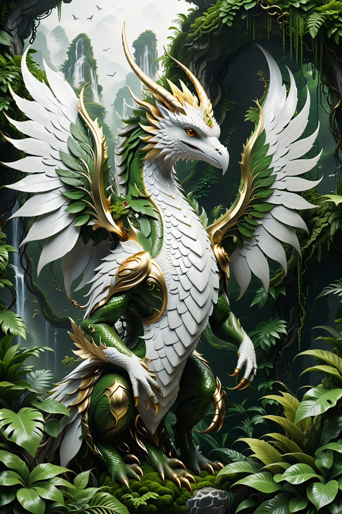 High definition photorealistic render of an incredible and mysterious futuristic mythical creature with scales, hair, dragon wings and bird feathers, with parametric shape and structure in the word, curved and fluid shapes in a thick jungle full of a lot of vegetation and trees with vines and rocks with moss, in white marble with intricate gold details, luxurious details and parametric architectural style in marble and metal, epic pose
​