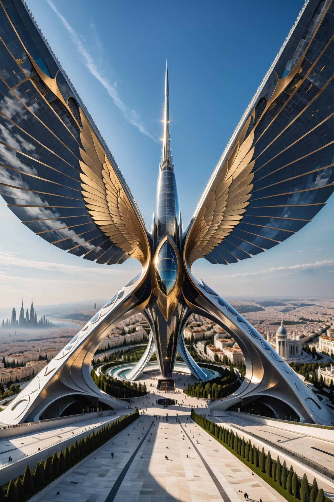 (best quality,  highres,  ultra high resolution,  masterpiece,  realistic,  extremely photograph,  detailed photo,  8K wallpaper,  intricate detail,  film grains), luxurious parametric sculpture in marble on a fly on the sky, in metal of a mega rocket with giant glass wings, inspired by the sculptural designs of Zaha Hadid, it must be symmetrical and with shapes similar to the wings, and in the middle there must be a sword with a throne-style gothic design and general everything with very fluid curves and pointed corners, an aggressive and imposing design with a lot of details in each parametric curve, the design should be inside a castle with marble, details in precious stones