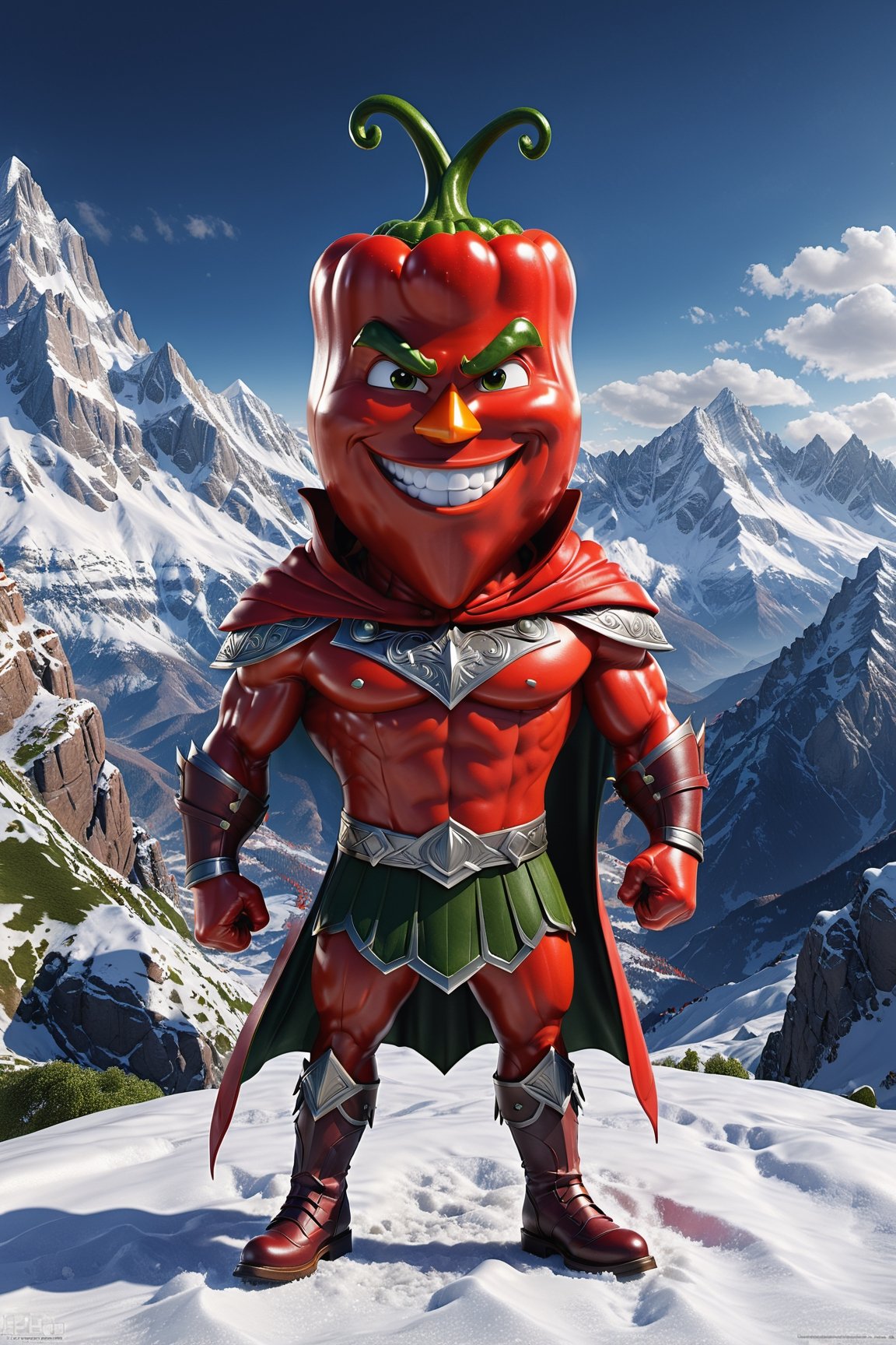 High definition photorealistic render of an incredible and mysterious character of a head mr red pepper vegetable warrior, with muscles and a big smile, with boots and capes, in a mountains snow, with luxurious details in marble and metal and details in parametric architecture and art deco, the vegetable It must be the head of the character full body pose themed red pepper themed costumes, magical phantasy