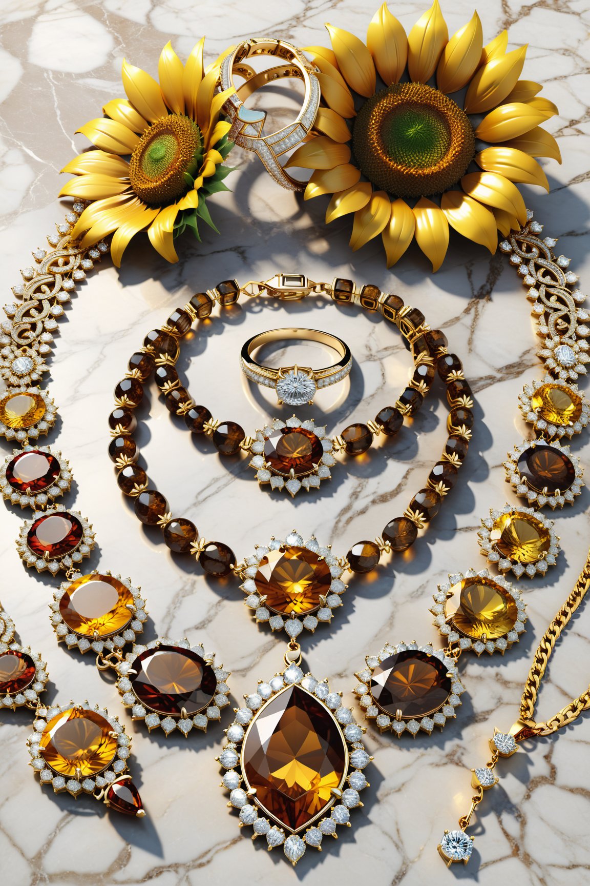 photorealistic render in high definition of a jewelry set that includes a necklace, a bracelet, a ring and a pair of earrings, all of these must be made of diamonds and yellow and brown precious stone and luxury marble in backgrounds, since they must be themed or symbolically represent a sunflower, the jewelry set must be in marble and iridescent glass and marble and luxurious oriental external decoration, full of elegant mystery, symmetrical, geometric and parametric details, Technical design, Ultra intricate details, Ornate details, Stylized details, Cinematic lighting, 8k, Unreal, Photorealistic, Hyperrealism, CGI, VFX, SFX