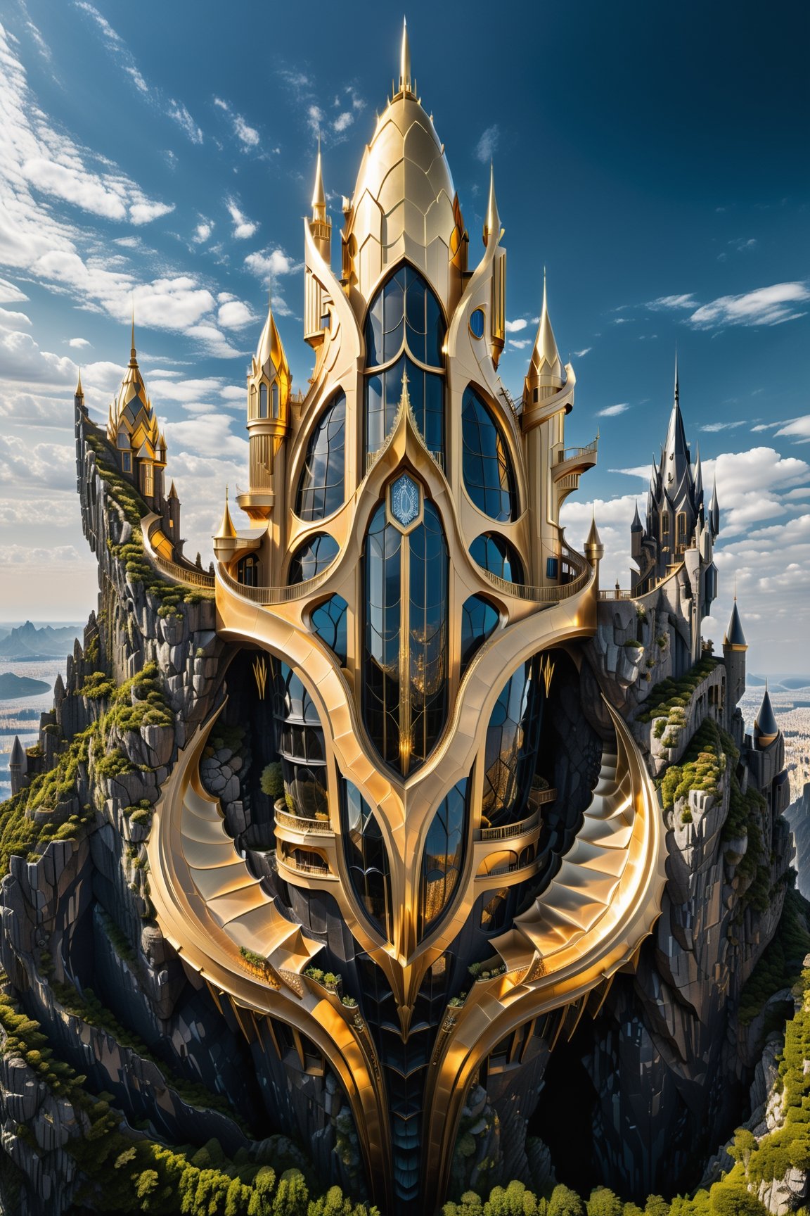 (best quality,  highres,  ultra high resolution,  masterpiece,  realistic,  extremely photograph,  detailed photo,  8K wallpaper,  intricate detail,  film grains), luxurious surreal scene of a giant vertical castle with dragon and hypersound rocket in parametric style, with flowing curves in black and white marble, gold metal and iridescent glass, inspired by Zaha Hadid, symmetrical, flowing curves and pointed corners, an aggressive design and imposing with art deco style details, located in an enigmatic and dark cave full of mystery and many gold rocks