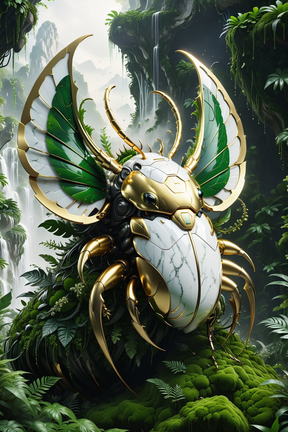High definition photorealistic render of an incredible and mysterious futuristic mythical creating creature inusual big with csquid-shaped beetle wings in splosion monster with parametric shape and structure in the word, curved and fluid shapes in a thick jungle full of a lot of vegetation and trees with vines and rocks with moss, in white marble with intricate gold details, luxurious details and parametric architectural style in marble and metal, epic pose
​