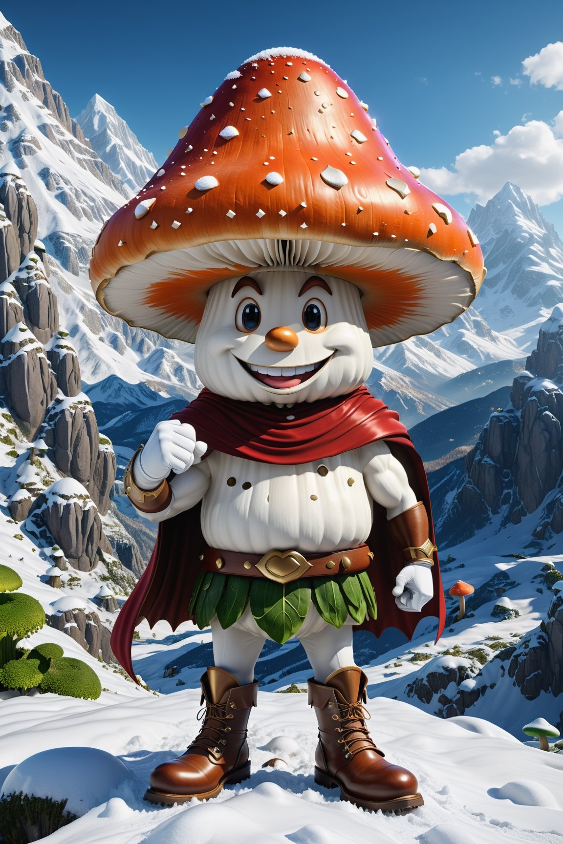 High definition photorealistic render of an incredible and mysterious character of a head mr mushroom vegetable warrior, with muscles and a big smile, with boots and capes, in a mountains snow, with luxurious details in marble and metal and details in parametric architecture and art deco, the vegetable It must be the head of the character full body pose themed mushroom themed costumes, magical phantasy