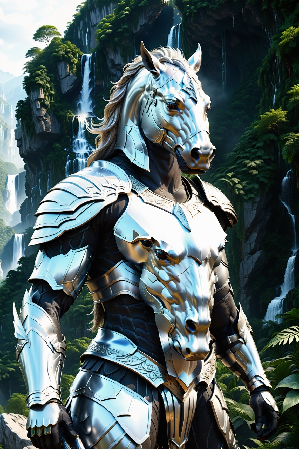 High definition photorealistic render of a incredible and mysterious mythological character of a warrior head horse animal beautifull this only head fusioned whit body men full body men, warrior gladiator armor mistycal full body, in a dense and thick jungle with mountains, trees with lianas and giant rocks with waterfall. whit luxury architecture parametric design in background, sky efect iridicent, blocks ice, with hypermaximalist details, marble, metal and glass parametric zaha hadid