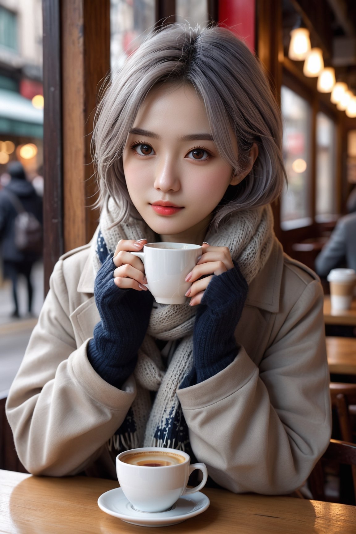 HONG KONG Girl ((September Ai)) ,  short messy hair, 

amiya(arknights), 1girl,8k wallpaper,extremely detailed figure, amazing beauty, detailed characters, {detailed background},aestheticism, sitting, winter, coffee shop, corner, coat, scarf, large breasts, gray hair, red eyes, emotionless, obedient, obedient, thick eyebrows, small nose, full lips, long eyelashes, delicate neck, slender shoulders, bare arms, delicate hands, long fingers, pointed nails, high cheekbones, oval face, smooth skin, rosy cheeks, cup of coffee, saucer, steam, warm, cozy, comfortable, relaxed, calm, quiet, peaceful, serene, contemplative, close-up, best quality, amazing quality, very aesthetic, absurdres
