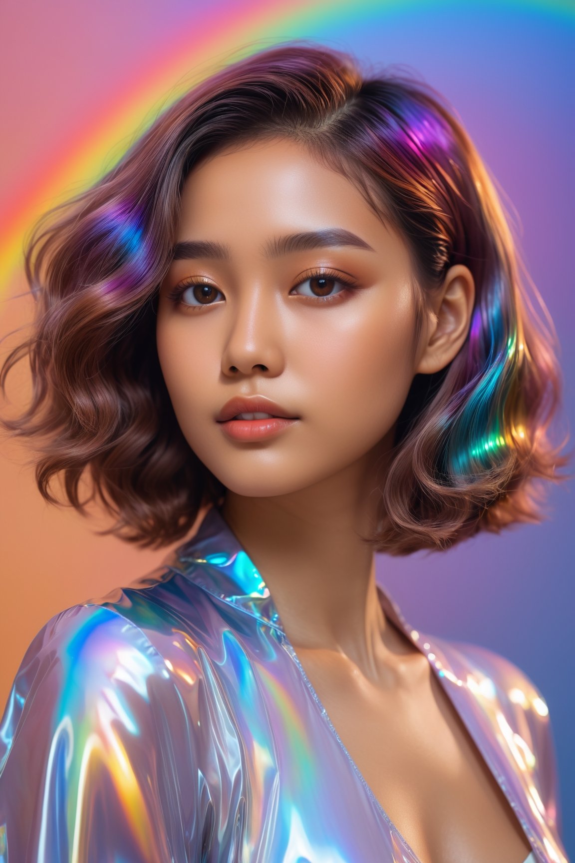  HONG KONG Girl ((September Ai)) with brown colour skin, short hair, 

1girl, solo,long wavy hair,flowing rainbow colored holographic background,portrait, holographic, iridescent, vaporwave, fluid,niji style,realistic
