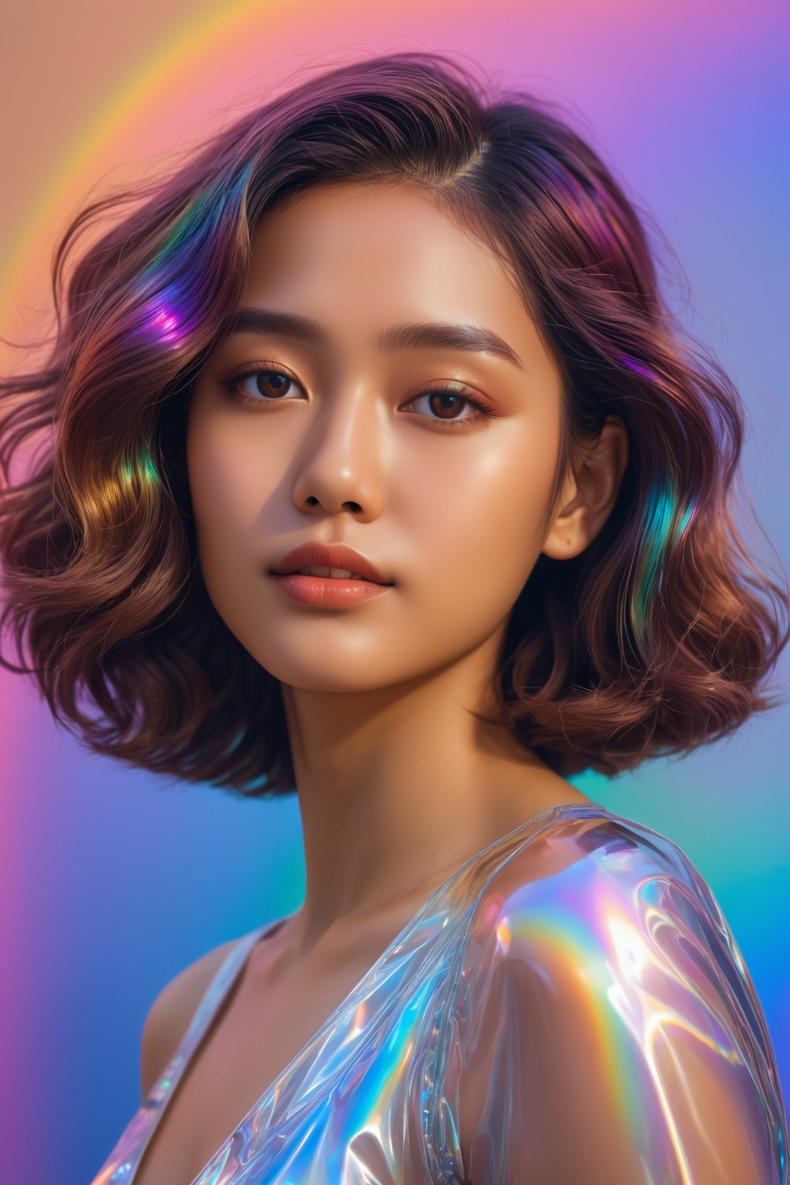  HONG KONG Girl ((September Ai)) with brown colour skin, short hair, 

1girl, solo,long wavy hair,flowing rainbow colored holographic background,portrait, holographic, iridescent, vaporwave, fluid,niji style,realistic
