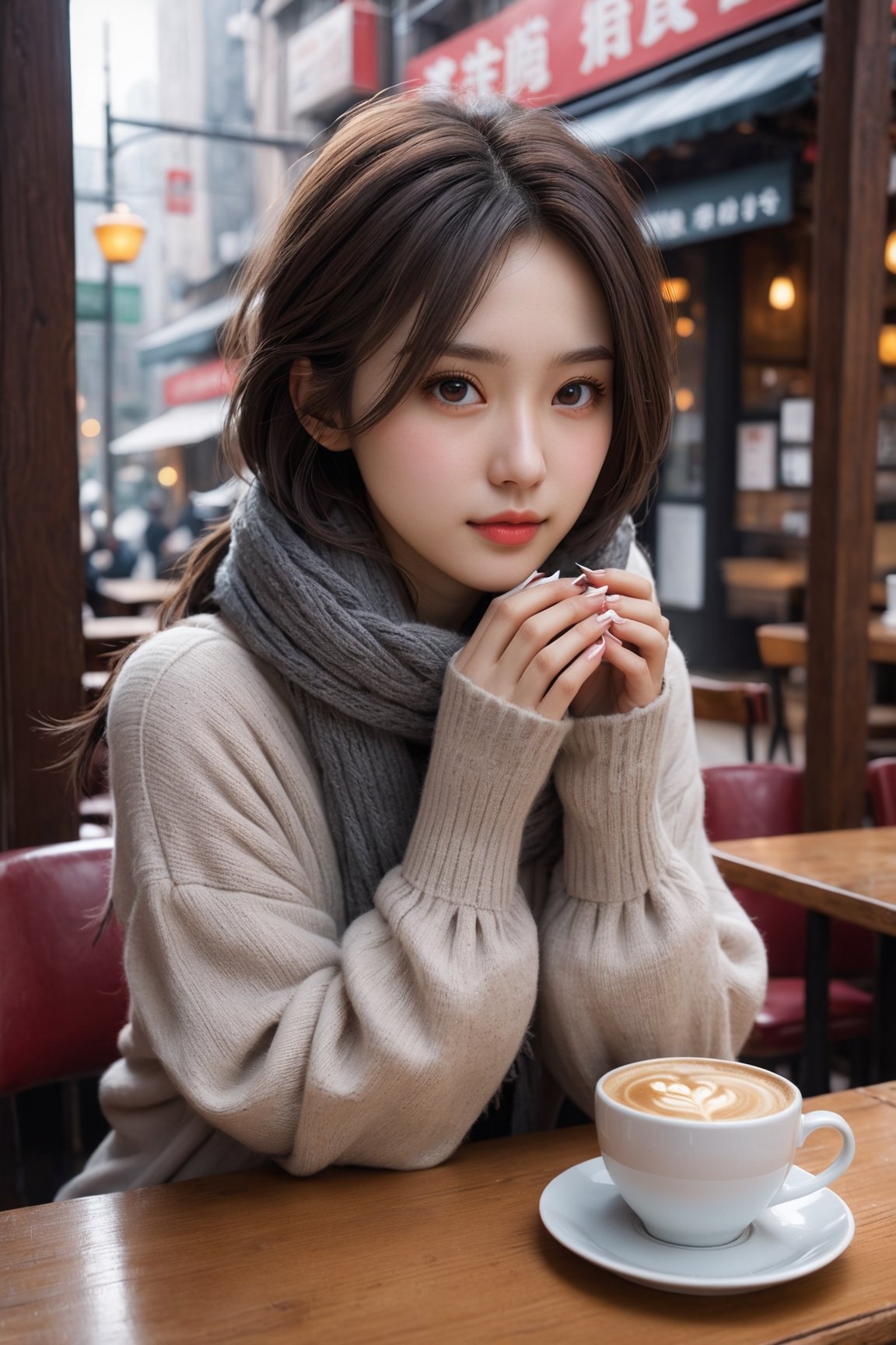 HONG KONG Girl ((September Ai)) ,  short messy hair, 

amiya(arknights), 1girl,8k wallpaper,extremely detailed figure, amazing beauty, detailed characters, {detailed background},aestheticism, sitting, winter, coffee shop, corner, coat, scarf, large breasts, gray hair, red eyes, emotionless, obedient, obedient, thick eyebrows, small nose, full lips, long eyelashes, delicate neck, slender shoulders, bare arms, delicate hands, long fingers, pointed nails, high cheekbones, oval face, smooth skin, rosy cheeks, cup of coffee, saucer, steam, warm, cozy, comfortable, relaxed, calm, quiet, peaceful, serene, contemplative, close-up, best quality, amazing quality, very aesthetic, absurdres
