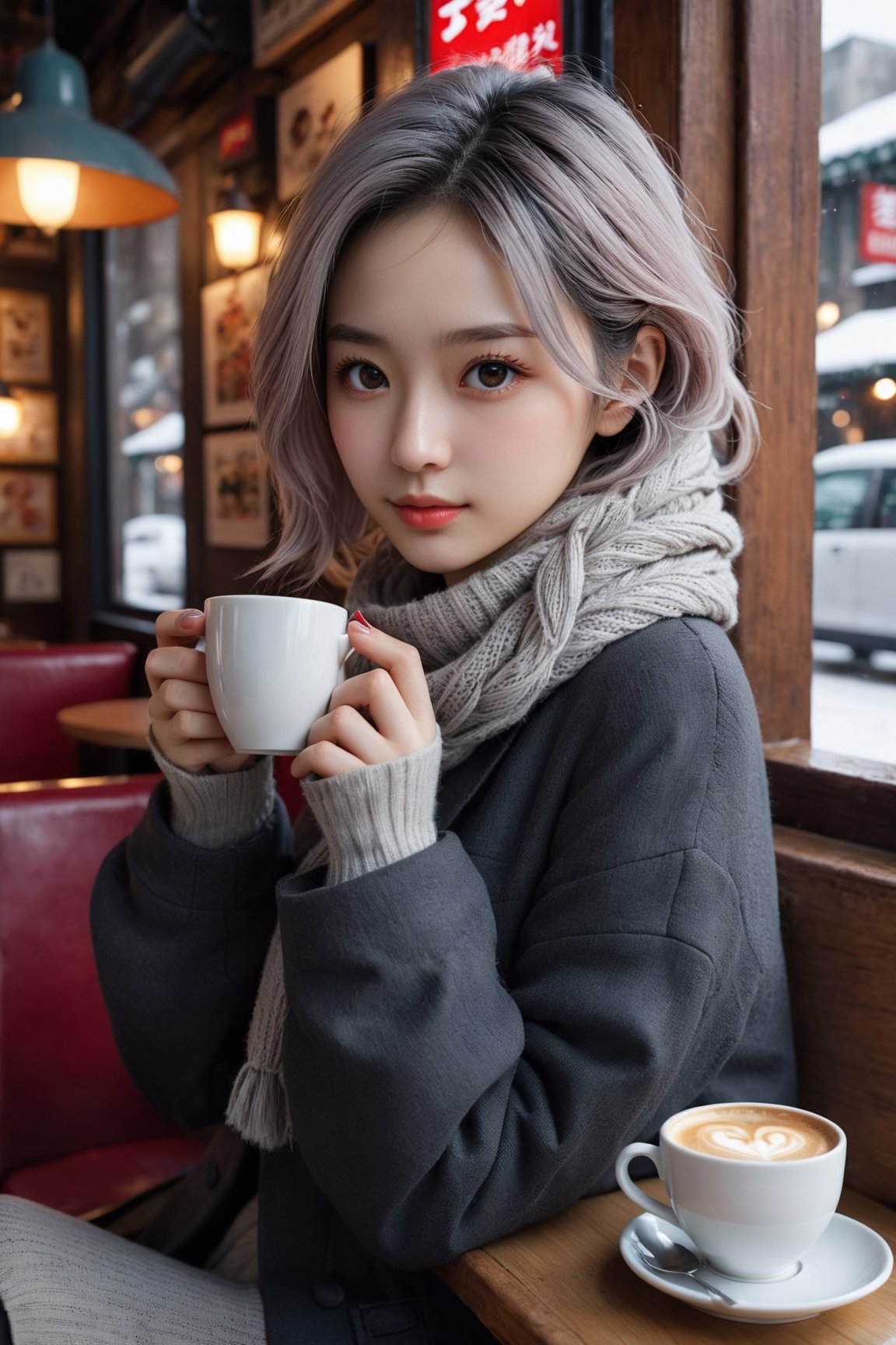 HONG KONG Girl ((September Ai)) ,  short messy hair, 

amiya(arknights), 1girl,8k wallpaper,extremely detailed figure, amazing beauty, detailed characters, {detailed background},aestheticism, sitting, winter, coffee shop, corner, coat, scarf, large breasts, gray hair, red eyes, emotionless, obedient, obedient, thick eyebrows, small nose, full lips, long eyelashes, delicate neck, slender shoulders, bare arms, delicate hands, long fingers, pointed nails, high cheekbones, oval face, smooth skin, rosy cheeks, cup of coffee, saucer, steam, warm, cozy, comfortable, relaxed, calm, quiet, peaceful, serene, contemplative, close-up, best quality, amazing quality, very aesthetic, absurdres
