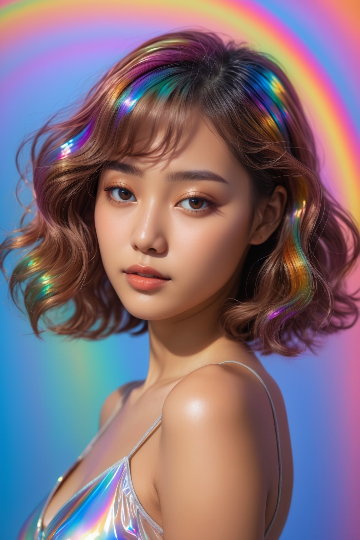  HONG KONG Girl ((September Ai)) with brown colour skin, short hair, 

1girl, solo,long wavy hair,flowing rainbow colored holographic background,portrait, holographic, iridescent, vaporwave, fluid,niji style,realistic
