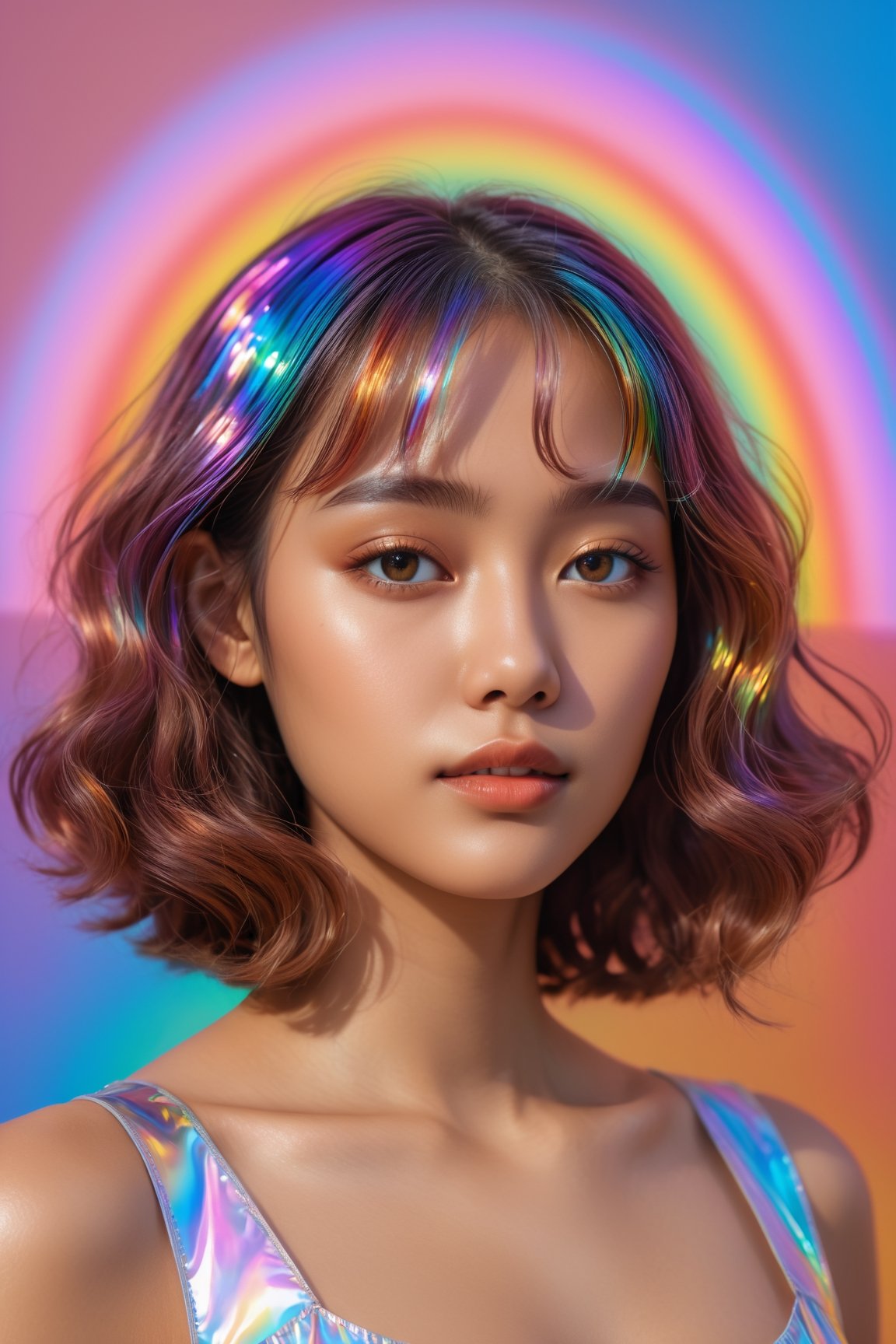  HONG KONG Girl ((September Ai)) with brown colour skin, short hair, 

1girl, solo,long wavy hair,flowing rainbow colored holographic background,portrait, holographic, iridescent, vaporwave, fluid,niji style,realistic
