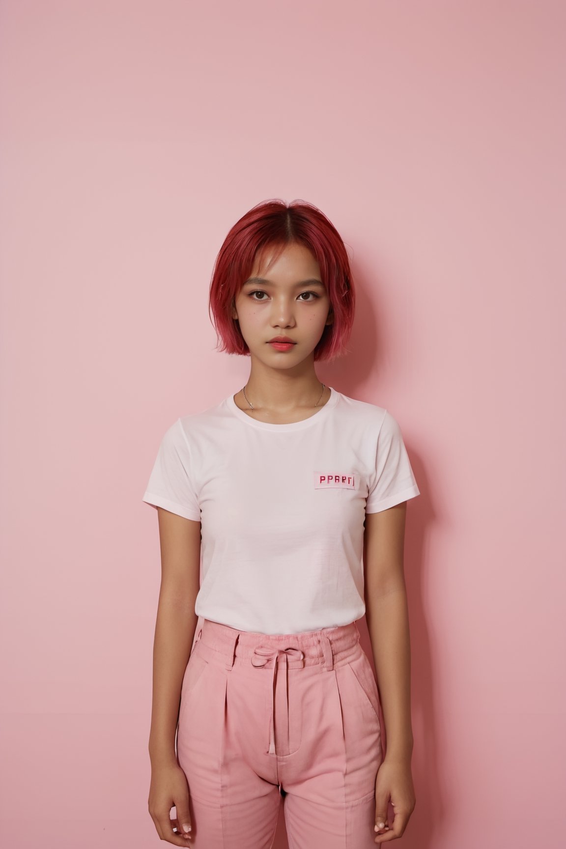 A full body portrait,  hyperdetailed indonesian photography,  by Elizabeth Polunin,  pink colour short hair young indonesian schoolgirl, brooklyn, looking straight to camera,  sweaty, olya bossak, nepal, very accurate photo,  suspiria, pink wall backgroung, white t-shirt with pink pants 