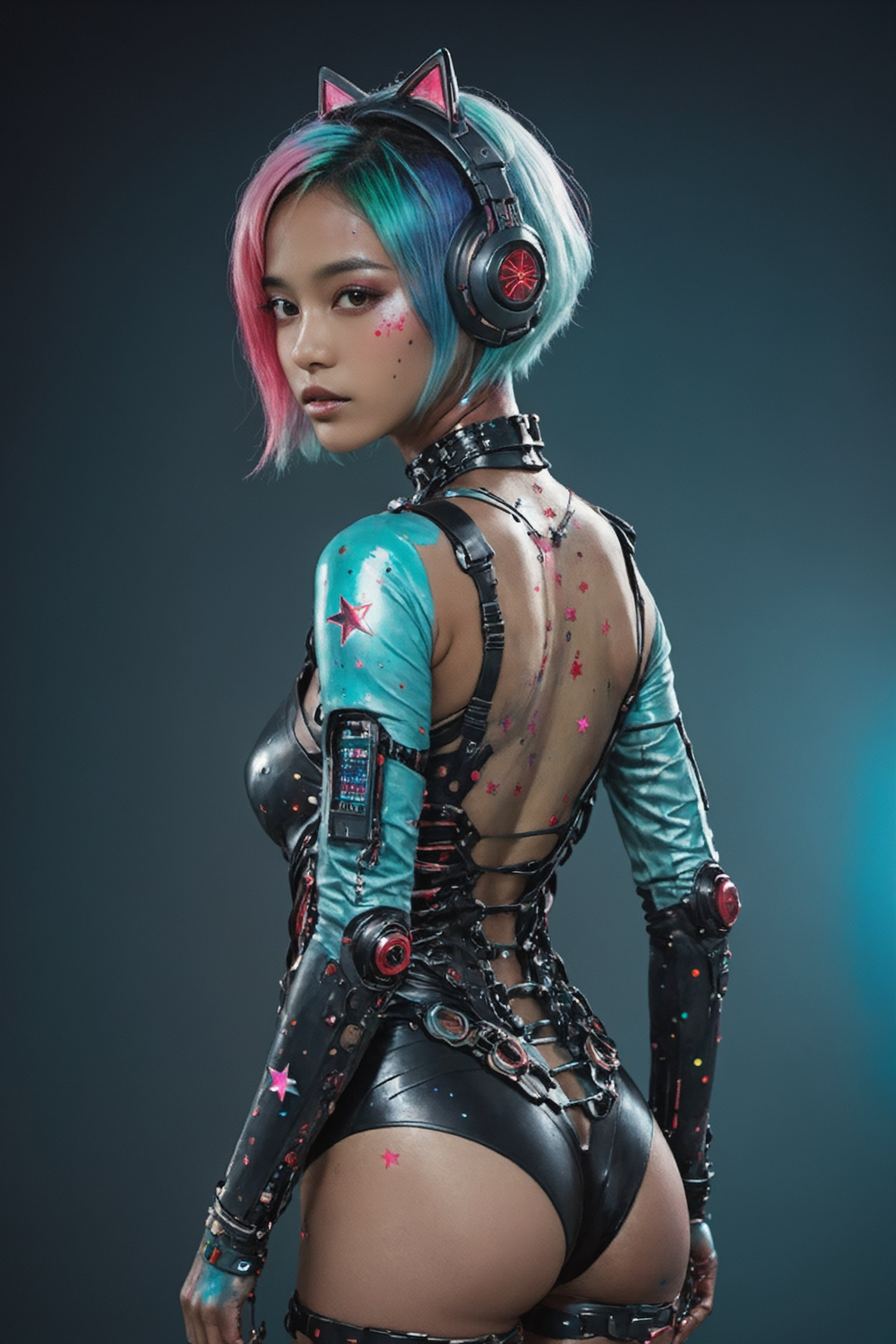 A full body hyperdetailed indonesian photography, by Elizabeth Polunin, 
pink and Aqua hair colour short hair young indonesian schoolgirl with black skin, dark black skin,
a detailed full body photo of a female cyborg with red metal side on facing veiwer with cosmic stars in her and colorfull cosmic back ground,dripping paint,DonMCyb3rN3cr0XL ,cyborg style,
LONDON CITY NIGHT,