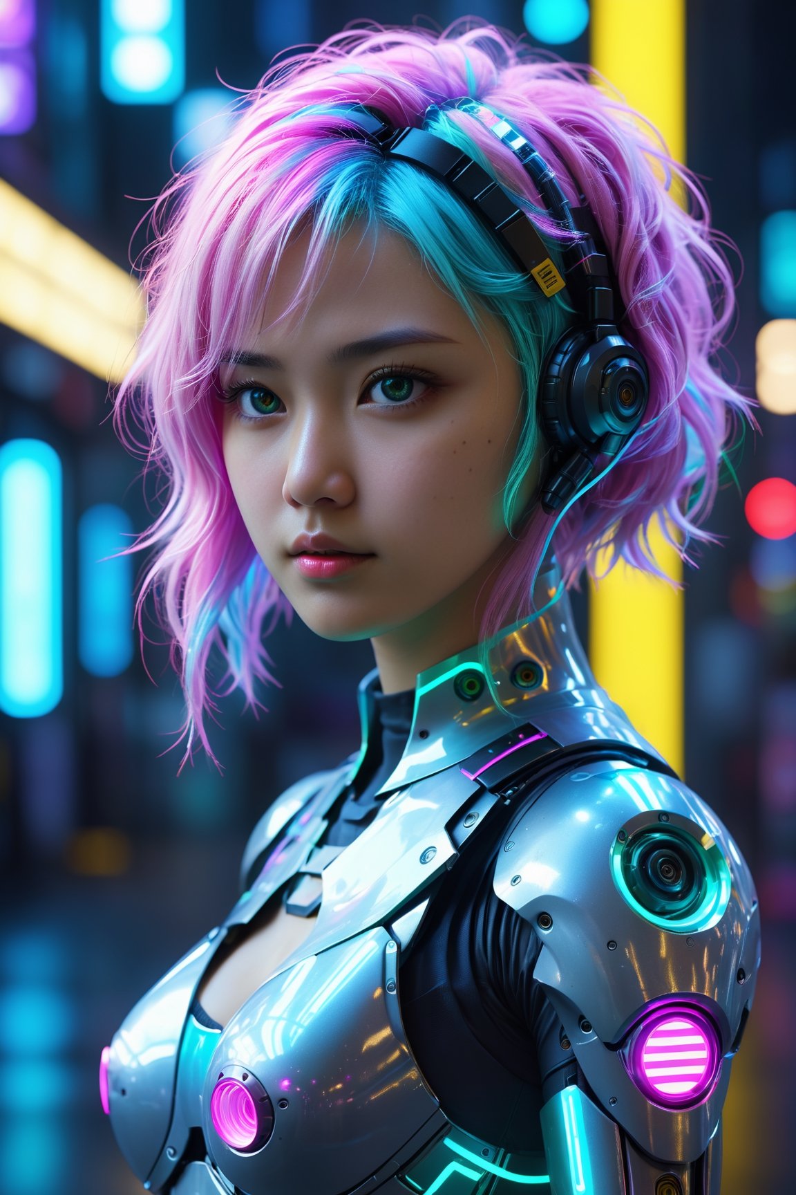 HONG KONG Girl ((September Ai)) , Pink AQUA Yellow  short messy hair, 

(Saree:1.1), (best quality, 4k, 8k, highres, masterpiece:1.2), ultra-detailed, physically-based rendering, professional, neon led light, vivid colors, bokeh, cyborg girl, made only glass, neon cables, gears, transparent body, mechanical details, glowing eyes, reflective surface, subtle reflections, ethereal, luminous, metallic highlights, sci-fi, futuristic, neon lights, blue and purple color palette, dynamic lighting,Mallugirl,Mecha body,,CyberpunkWorld,20 year old girl,bul4n,n4git4,tsumuri,kokoroaoshima,Fuj1
