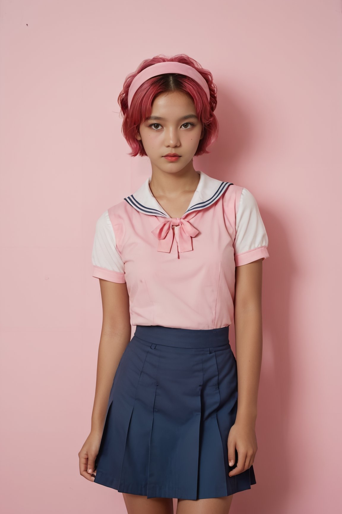 A full body portrait,  hyperdetailed indonesian photography,  by Elizabeth Polunin,  pink colour short hair young indonesian schoolgirl,  brooklyn,  looking straight to camera,  sweaty,  olya bossak,  nepal,  very accurate photo,  suspiria,  pink wall backgroung,  wear pink Headband,  dressed in a sailor uniform, with a white top and a blue skirt,