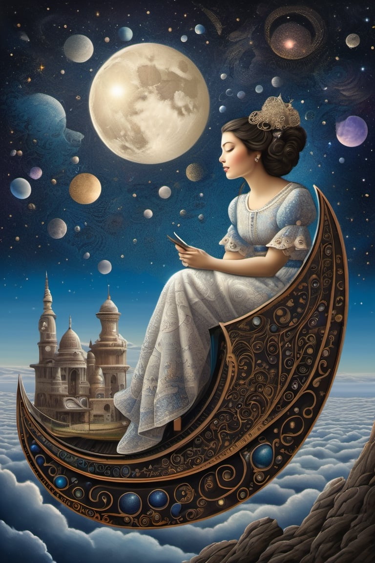 Neo surrealism, whimsical art, painting, fantasy, magical realism, bizarre art, pop surrealism, inspired by Remedios Var, Jacek Yerka and Gabriel Pacheco. Create a surreal cosmic scene with a young woman sitting on a crescent moon. The moon is highly detailed with realistic craters, and the woman is in a three-quarter profile view. Her skin is fair, with a soft, contemplative expression on her face and her eyes closed. She has long, dark brown hair styled in a loose updo with elegant floral decorations. She wears a full-length, flowing vintage cream gown with intricate lace detailing and ethereal, gossamer fabric that drapes gracefully over the moon’s edge. The woman's pose is relaxed, with one hand supporting her head and the other resting on her lap. The background features a vast cosmic sky filled with stars, nebulae, and galaxies, exhibiting a vibrant mix of blues, whites, and purples. The lower portion of the image shows dark, towering mountain silhouettes with steep slopes, suggesting a distant, otherworldly landscape. Fluffy, white clouds are scattered on both sides of the horizon. The composition balances the elements such that the moon and the woman are centrally placed, providing a focal point, while the mountainous landscape frames the bottom edge, and the cosmic sky serves as a mesmerizing backdrop enveloping the entire scene. The lighting is ethereal and comes from an unseen source, highlighting the woman and the moon, with soft shadows that complement the dreamlike quality of the image.