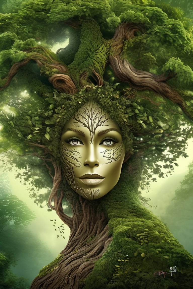 there is a tree that has been shaped like a woman's face, person made of tree, woman made of plants, portrait of a dryad, living tree, fantasy tree, hair made of trees, intricate digital painting, branches sprouting from her head, highly detailed digital art, treebeard, artistic illustration, humanoid flora, beautiful digital artwork, mother nature