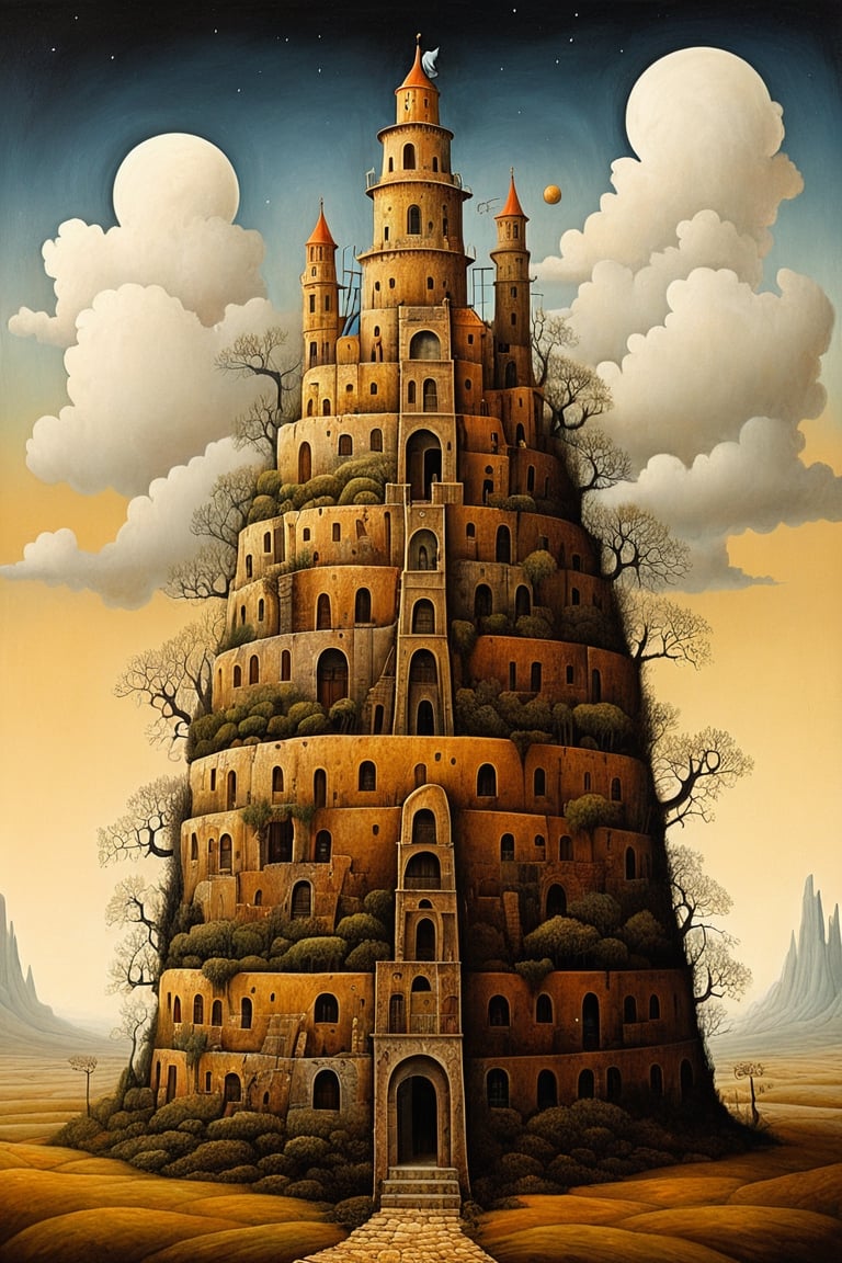 Neo surrealism, whimsical art, painting, fantasy, magical realism, bizarre art, pop surrealism, inspired by Remedios Var, Jacek Yerka and Gabriel Pacheco. Create an illustration of a Tower of Babel