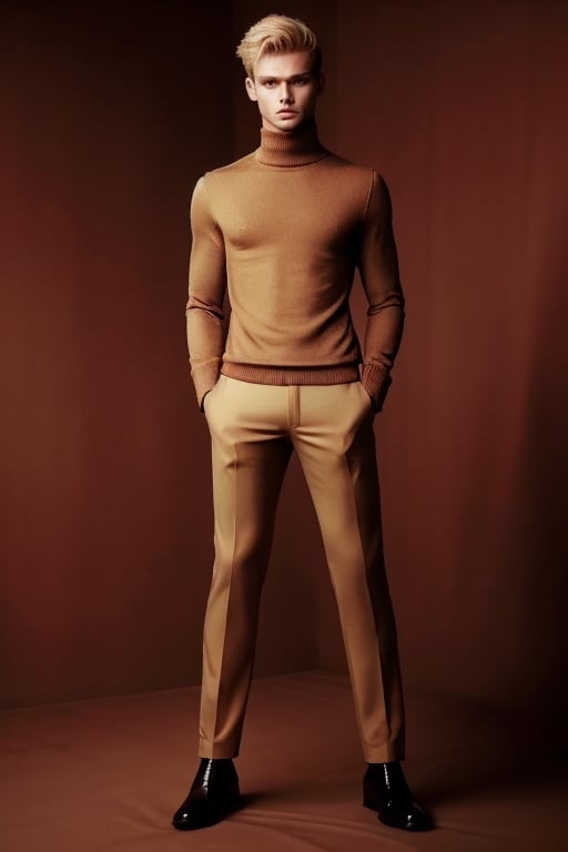 full body picture, art photography, blond guy,clothed, dark red wool pullover, dark yellwo cullot pants, tanned skin, medium hair, sexy, dark room, beautiful face