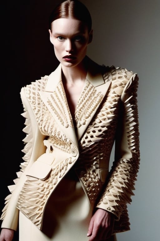 a model dressed in an avant garde haute couture blazer, Iris van herpen structural, vogue editorial photo, sharp focus dynamic light