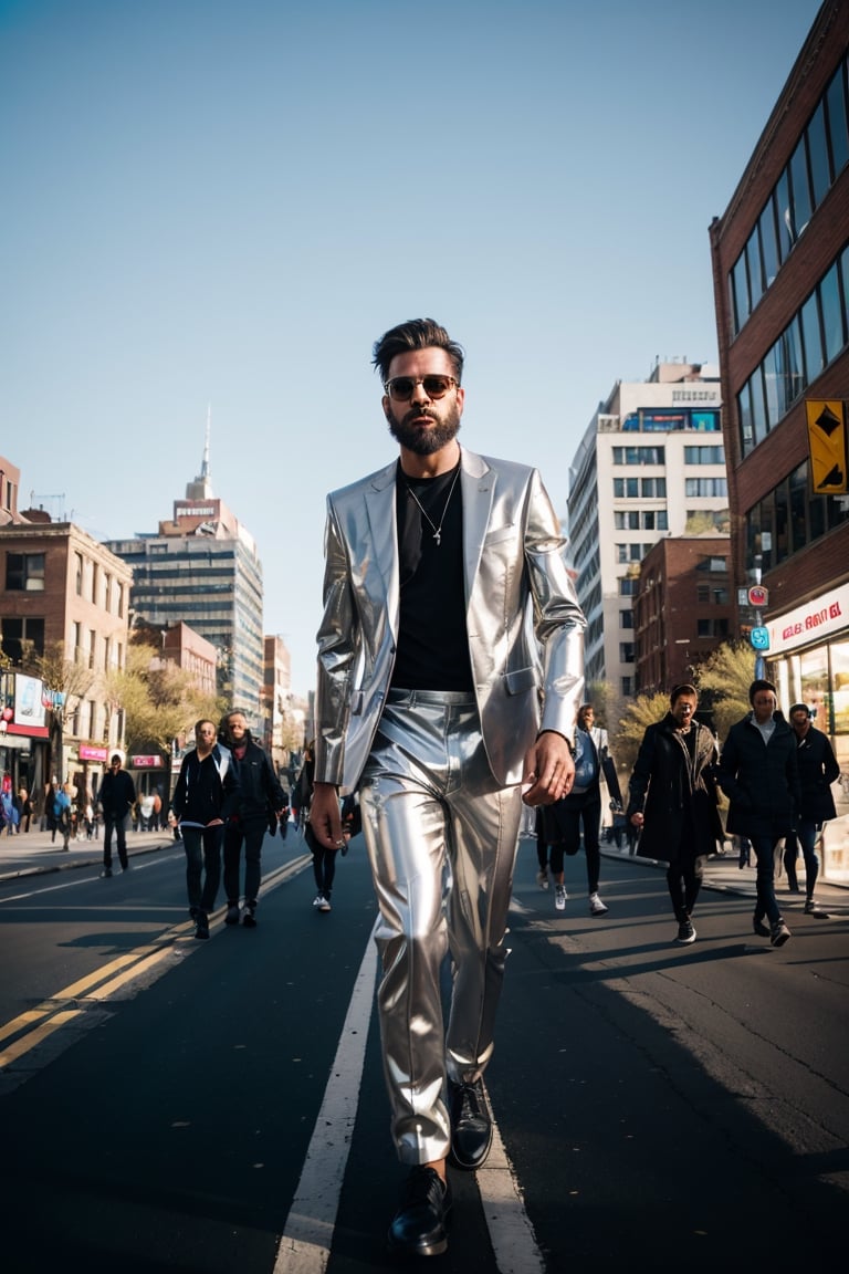 Photograph of a Guy walking a busy urban street, Fashion Photoshooting, Looks direct in the camera. Extrovert organge high gloss suit with background busy people , cinematic, Hard Light Copy
