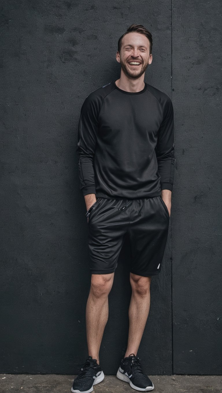 full body portrait photo of 30 y.o men in front of a black wall, Brunette hair, pale skin, haute couture extrovert sportswear and lace, cool big laugh, facing forward looking ahead, epic details 8k, super high quality, Canon EOS 5D, Burst out laughing, background high gloss urban

