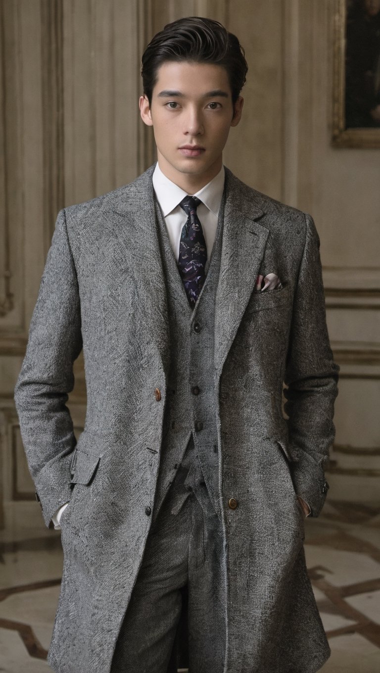 full body portrait photo of 30 y.o men in front of a black wall, Brunette hair, pale skin, So the brief was brief this season: short, mini, kinky, gorgeous. Each of the looks was made in a unique French tweed, from the same maker of you-know-who’s tweeds, inspired by the couture ideology of the 1940s and 1950s. The show began with friends of the maison as couture clients—Anh Duong, Marisa Berenson, Farida Khelfa, and more—bolting in to the second floor of the Crillon to find their seats. From their vantage point they could ogle the guys—a nice swap—in their shorter-in-the-back kiltlets, sailor tops, cropped organza button downs, and luxurious tweed coats with gold bouillon. As with any Browne outing, the fabrics and silhouettes were as fine as can be. , cool big laugh, facing forward looking ahead, epic details 8k, super high quality, Canon EOS 5D, Burst out laughing, background high gloss urban, hard light

