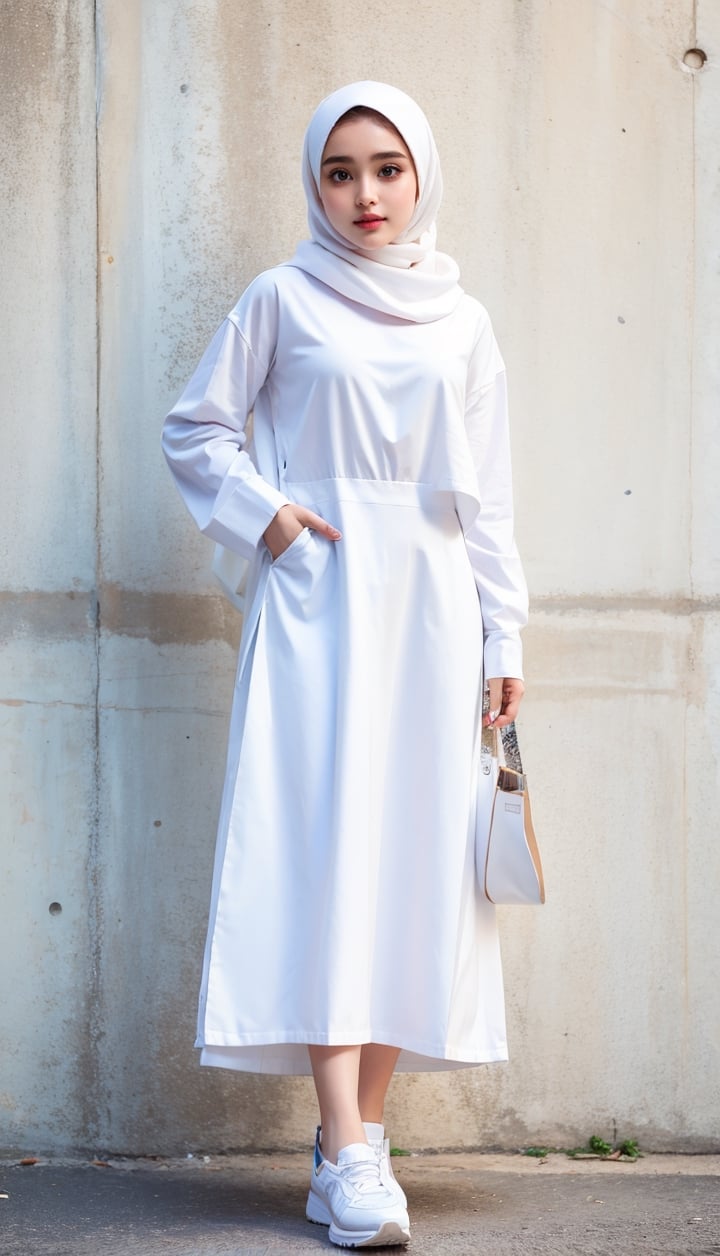 girl, solo, white Hijab, , long shirt, , holding, shoes, litter, bag, shadow, white footwear, long white skirt , fish, aquriums, big_hips