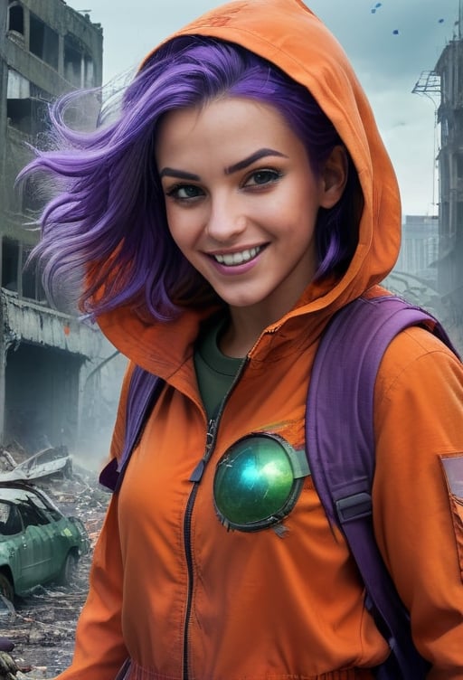 Poster for the game "STALKER": a girl (Zoe Bloom: 0.5),(Irina Meyer:0.5). in an orange army jumpsuit with the highest radiation 
 protection. A hood is thrown back and short multicolored (purple, blue and green) hair is fluttering in the wind. A crazy smile and a glass artifact are in her hands,an apocalyptic destroyed city in the background, a gloomy atmosphere
,<lora:659095807385103906:1.0>