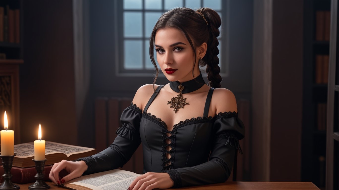 RAW photo (high-detail image: 1.2), 8K hd, high quality, film grain, photorealistic, Fujifilm XT 3,Koni Demiko 28 yo Gothic-style model  dressed in a revealing schoolgirl costume.looks at the camera, a slight mysterious smile, The neckline, decorated with intricate lace and gold details, gives the image a seductive and rebellious look. Dark hair, braided in a braid, flows down, framing a beautiful, mesmerizing face. Bold make-up with an ombre effect on the lips adds to her charm, moving from a deep, rich red in the center to a glossy black at the edges, artfully outlined and filled to create a spectacular but subtle gradient. Glossy gloss gives the image a touch of glamour and volume, and rich red and black shades give the image a dramatic, vampire atmosphere. A tattoo in the form of skulls adorns her arms.A table with open books on witchcraft, the paraphernalia of a black magus, black candles, and pentagrams glowing with green fire, create an atmosphere of mystical wonder,in the background there is an old steampunk library, antique folios decorated with steampunk pentagrams, a lit fireplace, burning candles,<lora:659095807385103906:1.0>