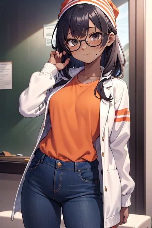 1girl, dark skin, freckles, slightly buff, black eyes, black coily hair, round glasses, bandaids on face, white roses in hair, black bandana, light putple jacket with stripes, light orange shirt, blue_jeans