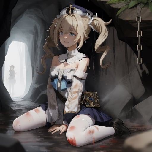 barbara (genshin impact),
1girl,
hat,
latin cross,
blonde hair,
long hair,
twintails,
twin drills,
blue eyes,
bow.
torn dres,
frilled skirt,
detached sleeves,

white pantyhose,
book,
belt
white pantyhose,
book,

blood, dirt, good hands, pretty face, mud, dungeon, full body, cave, cavern, torn stockings, many wounds, corruption, torn dress, scared. praying, llorando, lágrimas, vampiro, cementer, blood all over body and clothing, blood all over body and clothing, crying. wet, blood all over body and clothing, crying. wet, raining, chains,