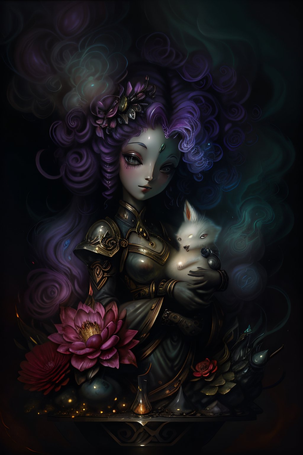 Vibrant and vivid image quality captures a menacing female figure with floral-inspired hair, enveloped within an ethereal dreamscape teeming with miniature creatures. The scene is portrayed in its entirety against a smoky backdrop, evoking feelings of mystery and unease.