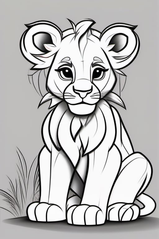 beautiful lion cub, cartoon style,8k, White background, well-defined black lines, coloring page