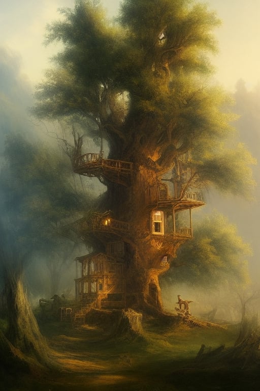 cozy old tree house in an enchanted forest, mysterious atmosphere, magical landscape, ancient trees, a fairy world, warm colors, and atmosphere, sun shining through the trees, intricate details, trend in artstation, sharp focus, studio shot, intricate details, highly detailed, by Greg Rutkowski