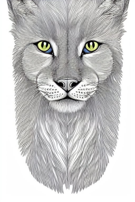 	feline, kawaii style, Eurasian lynx, full body, side view, ferocity,  fantasy, unusual, black and white, wavey lines, realistic line art drawing,  adult coloring book page, nature patterns, no noise, crisp thick lines, outline art, centered image, isolated on a white background