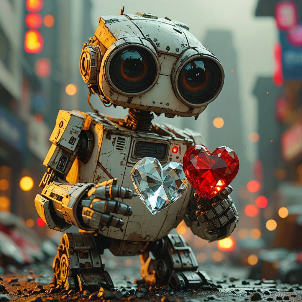 wall e, holding a crystal heart, on the city ò the damned