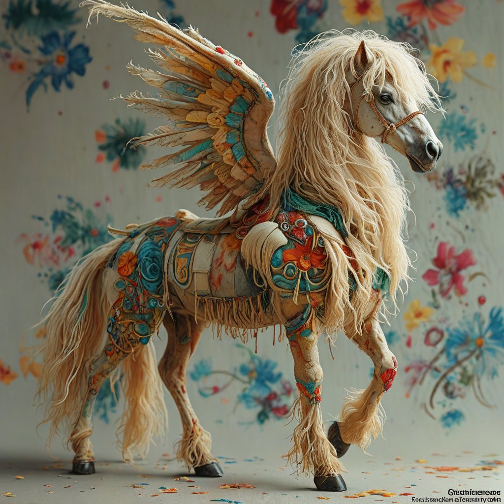 a Martian horse with wings, a shaggy mane, a fluffy colored tail and artistic paintings on the sides, completely created from textiles, threads and mesh woven together, canvas, 3D, intricate motifs, organic openwork, trending on artstation, sharp focus, studio photo, intricate details, highly detailed