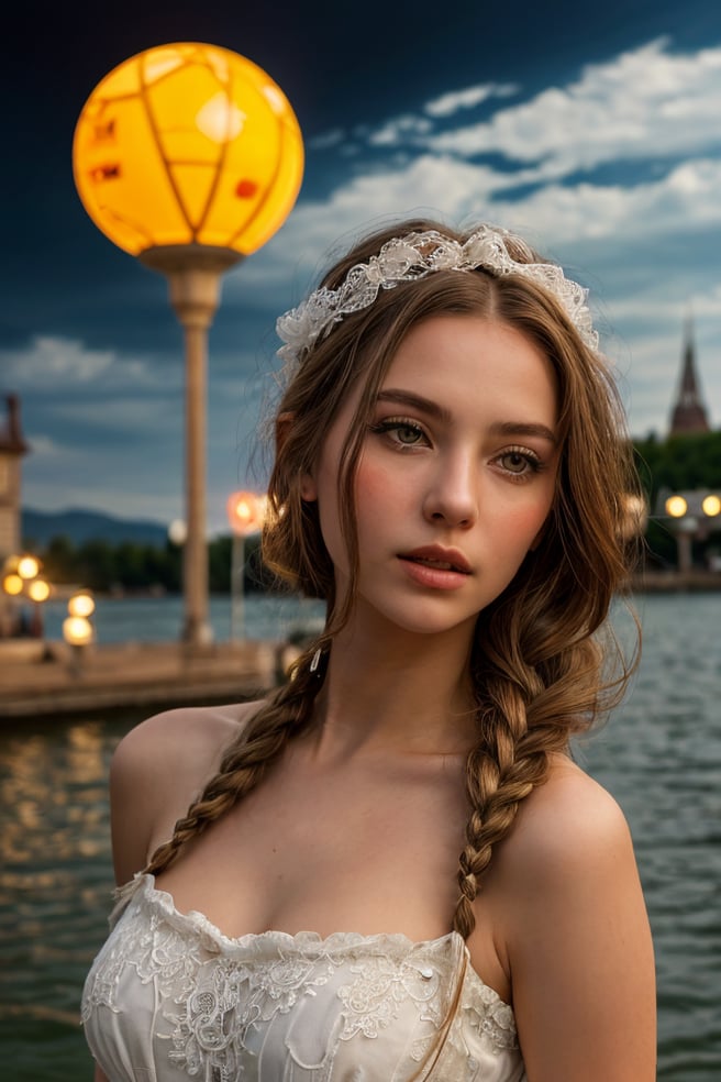 1girl, solo, looking at viewer, Russian, braided hair, long hair, amber hair, 20 years old, wearing white dress, lace trimmed, old European city, a giant yellow neon spell ball in the lake, (8k, high quality, masterpiece, top quality, award winning photo, ultra-realistic:1.5)