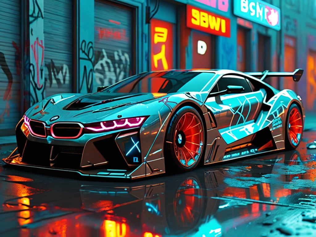 super car BMW, (transparent body:1.4), sci-fi, cyberpunk, graffiti, blue neon light