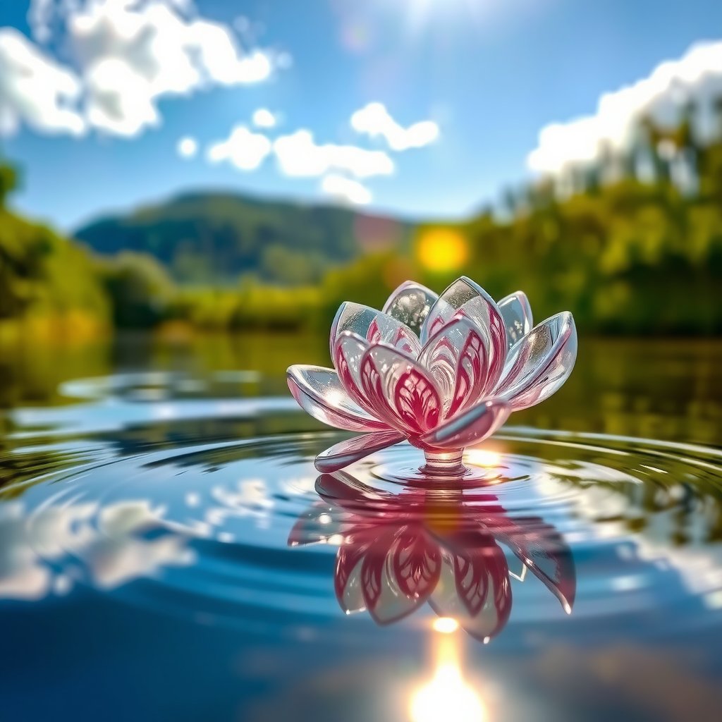 A serene riverside scene: A delicate glass flower, its intricate petals refracting sunlight, gently floats on the water's surface. The warm rays dance across the ripples, casting a shimmering glow on the surrounding foliage. Soft, feathery clouds drift lazily by as the flower's ethereal beauty is reflected in the calm river.