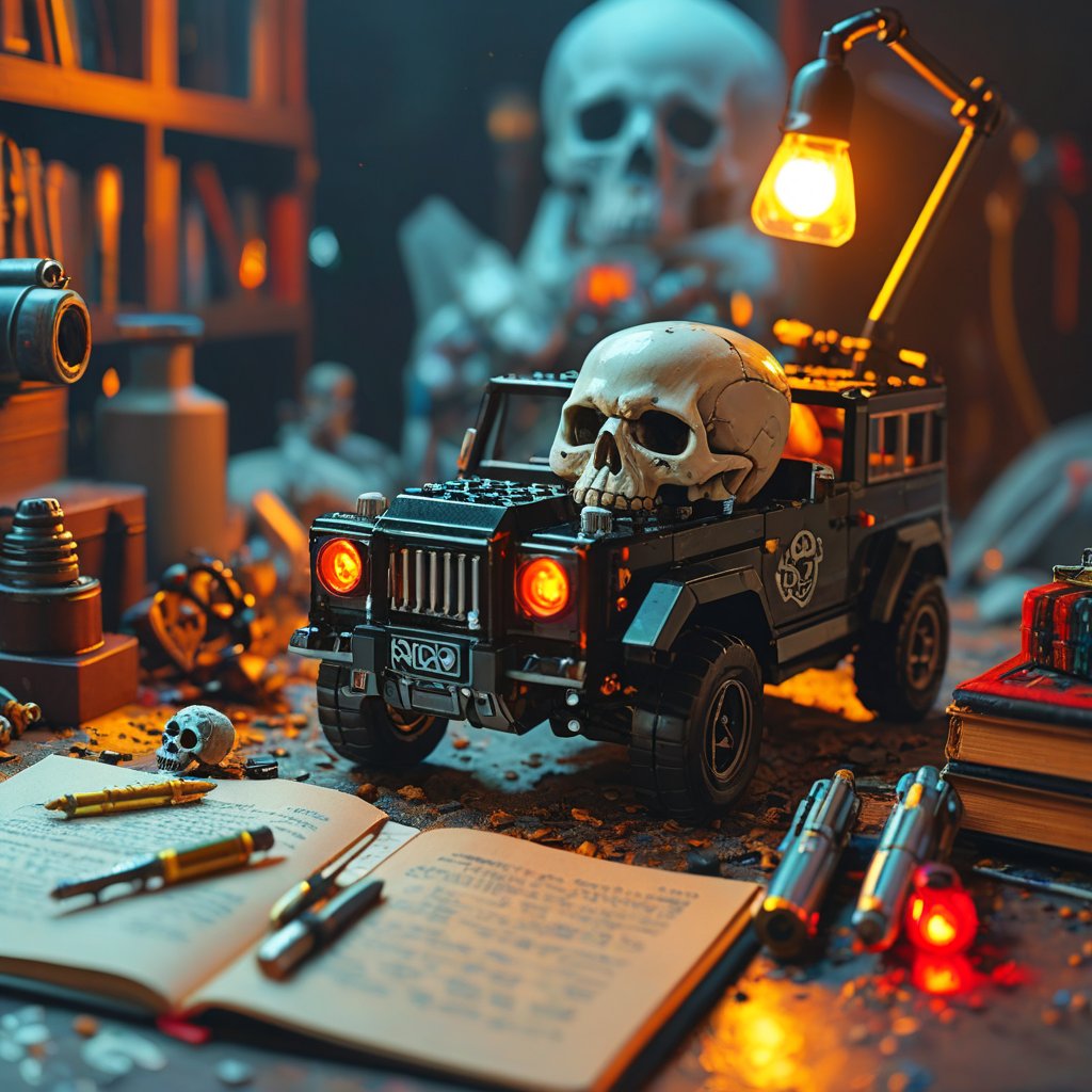 small lego car, skull, on the table, bullet, magic book, magic staff, neon light