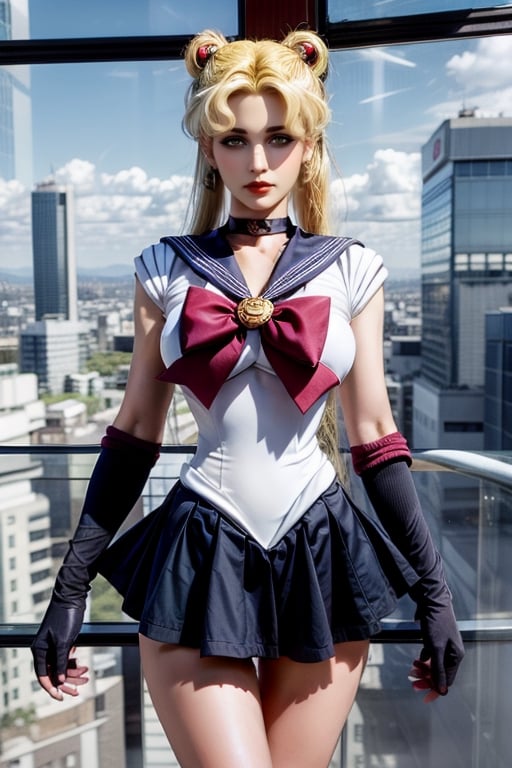  thin mature very tall Woman.
Long Oval face. Windy
Wide shoulders
Blonde hair. Sailor moon. skirt with pleats. White long gloves.
Tokyo in the background.
hourglass body shape,Futuristic room,serena tsukino