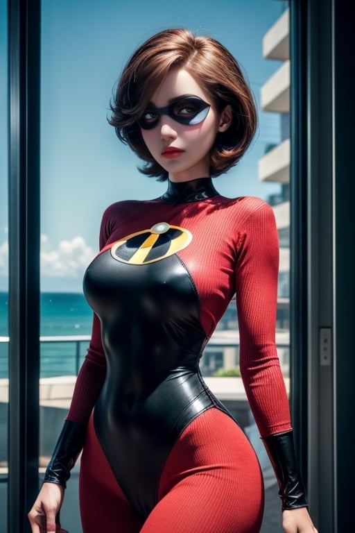  mature very  tall thin woman.
 Windy
Wide shoulders.
hourglass body shape,Futuristic room 
Red sthoutfit,helenparr,black domino mask