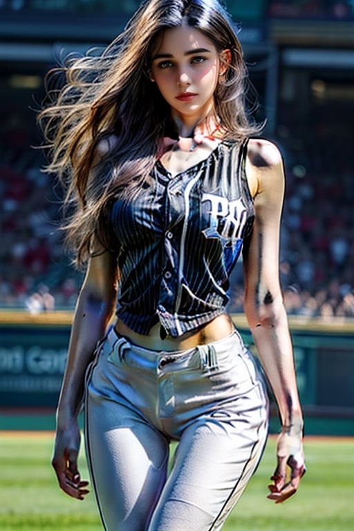  mature very tall thin Woman.
 Windy
Wide shoulders.
Black long straight hair
White uniform, action pose
Pants
hourglass body shape,baseball 